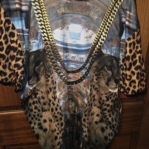 Leopard Print Graphic Top with Gold Chain Detail